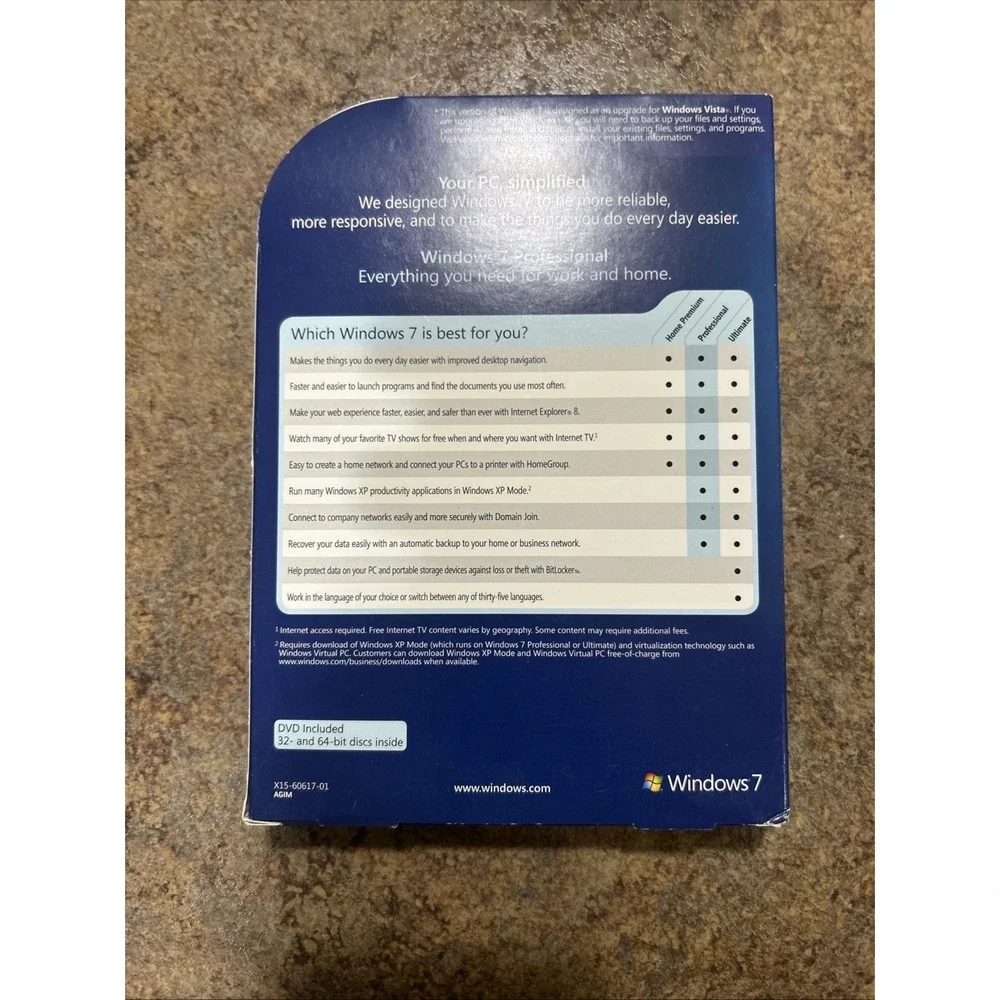 Windows 7 Professional Upgrade 32-64 Bit DVD and Key Included